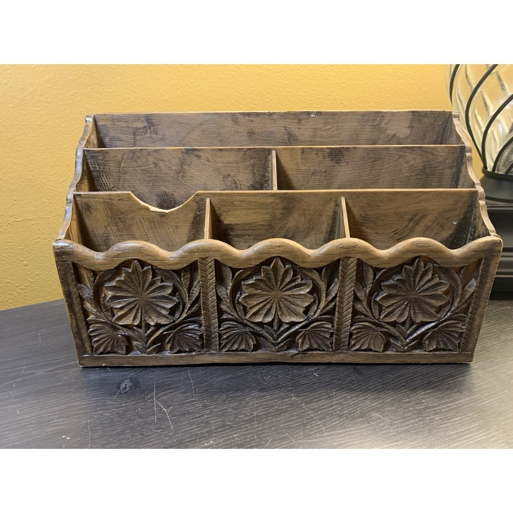 Vintage Lerner Desk Mail Caddy Carved Faux Wood Letter Holder Organizer Storage